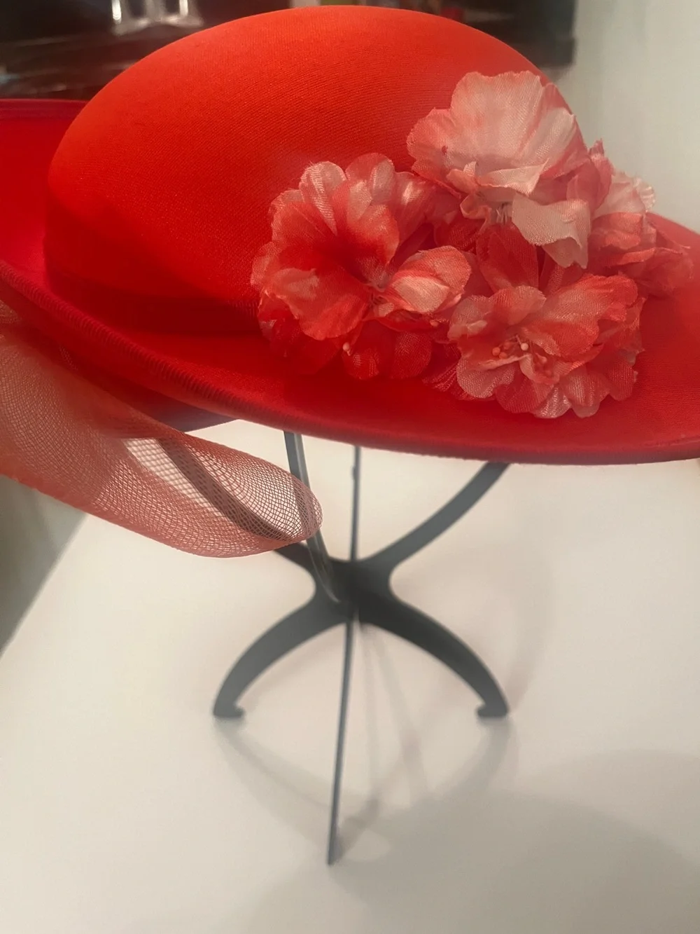 Elegant Red Wide Brim Church Hat Kentucky Derby Wedding Tea Party Floral OS